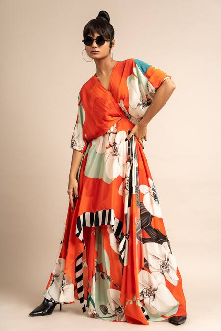 Nupur Kanoi_Orange Crepe V-neck Hanki Botanical Print Dress_Online_at_Aza_Fashions