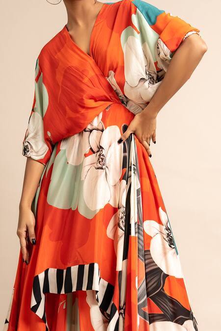 Buy_Nupur Kanoi_Orange Crepe V-neck Hanki Botanical Print Dress_Online_at_Aza_Fashions