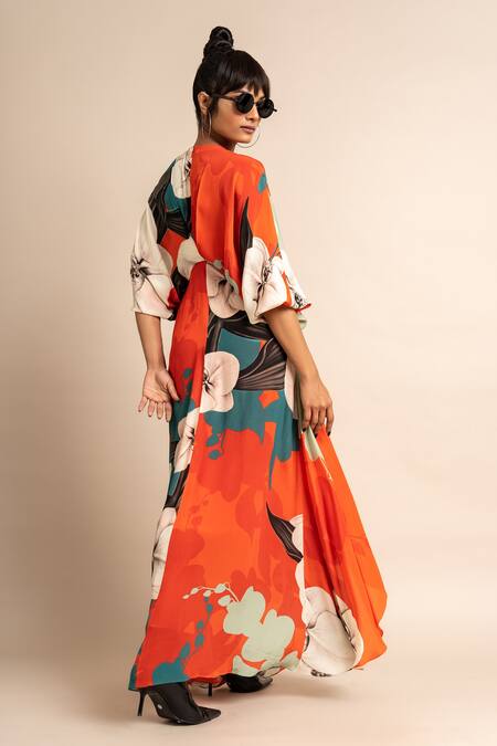 Shop_Nupur Kanoi_Orange Crepe V-neck Hanki Botanical Print Dress_Online_at_Aza_Fashions