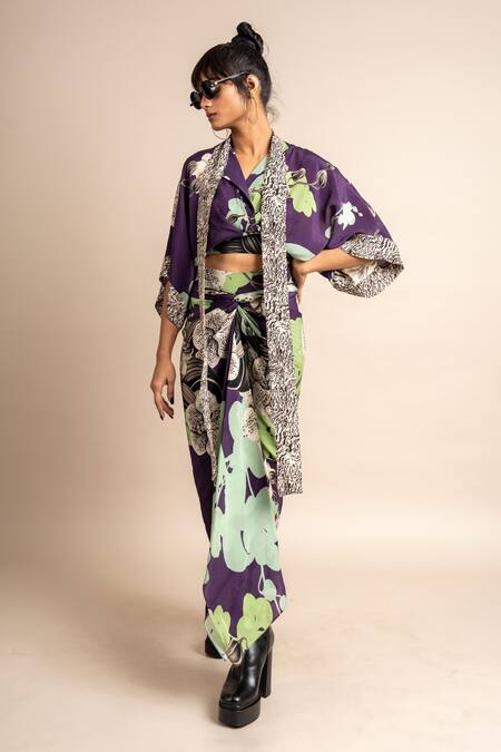 Nupur Kanoi Purple Crepe V-neck Floral Print Kaftan Top And Knotted Skirt Set Online at Aza Fashions Nupur Kanoi_Purple Crepe V-neck Floral Print Kaftan Top And Knotted Skirt Set_Online_at_Aza_Fashions