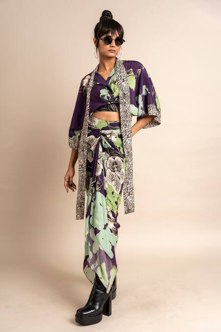Buy Nupur Kanoi Purple Crepe V-neck Floral Print Kaftan Top And Knotted Skirt Set Online at Aza Fashions Buy_Nupur Kanoi_Purple Crepe V-neck Floral Print Kaftan Top And Knotted Skirt Set_Online_at_Aza_Fashions