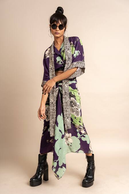 Shop Nupur Kanoi Purple Crepe V-neck Floral Print Kaftan Top And Knotted Skirt Set Online at Aza Fashions Shop_Nupur Kanoi_Purple Crepe V-neck Floral Print Kaftan Top And Knotted Skirt Set_Online_at_Aza_Fashions