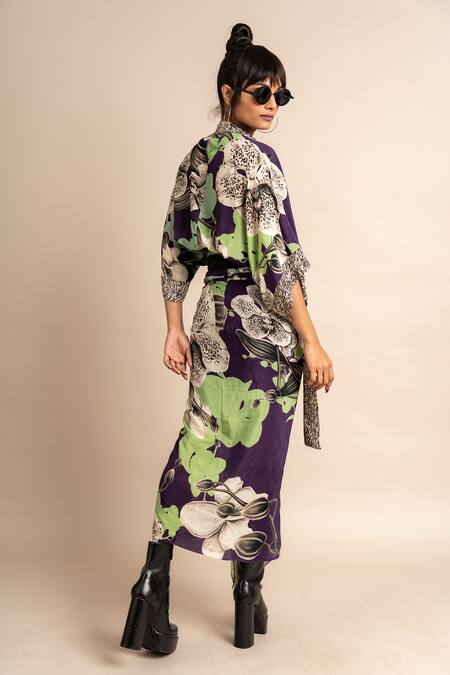 Nupur Kanoi Purple Crepe V-neck Floral Print Kaftan Top And Knotted Skirt Set at Aza Fashions Nupur Kanoi_Purple Crepe V-neck Floral Print Kaftan Top And Knotted Skirt Set_at_Aza_Fashions