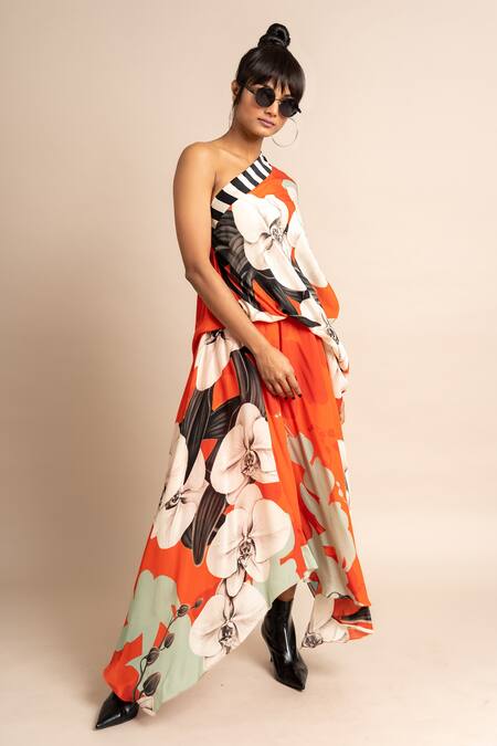 Nupur Kanoi_Orange Crepe Embroidery One Shoulder Botanical Print Sack Dress_Online_at_Aza_Fashions