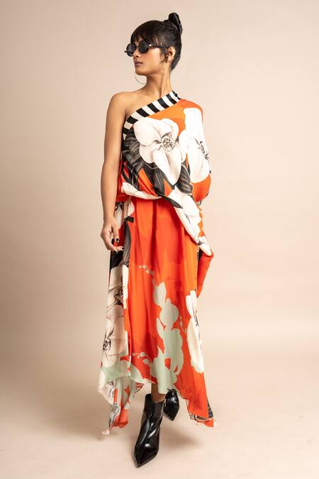 Buy_Nupur Kanoi_Orange Crepe Embroidery One Shoulder Botanical Print Sack Dress_Online_at_Aza_Fashions