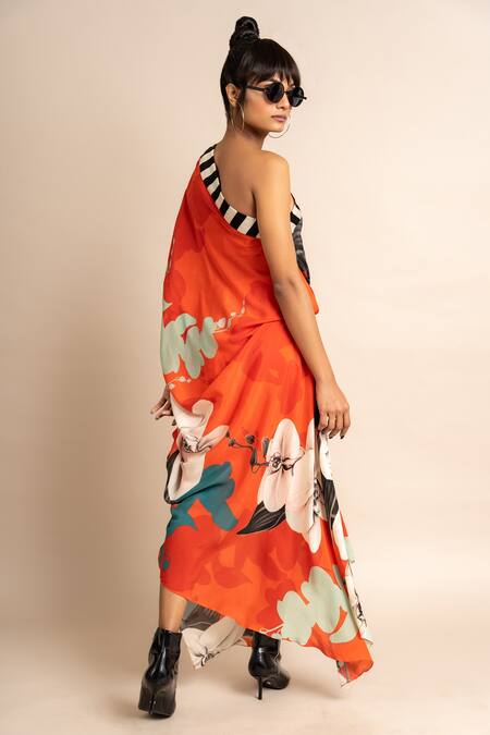 Shop_Nupur Kanoi_Orange Crepe Embroidery One Shoulder Botanical Print Sack Dress_Online_at_Aza_Fashions
