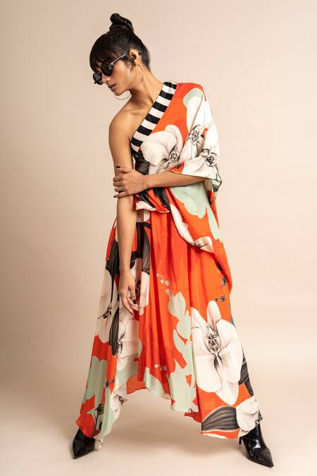 Nupur Kanoi_Orange Crepe Embroidery One Shoulder Botanical Print Sack Dress_at_Aza_Fashions