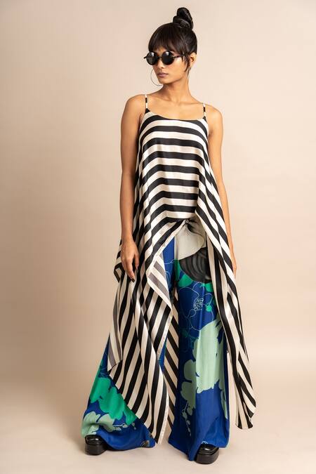 Nupur Kanoi_Multi Color Satin, Crepe Scoop Neck Striped Print Singlet Top And A-line Pant Set_Online_at_Aza_Fashions