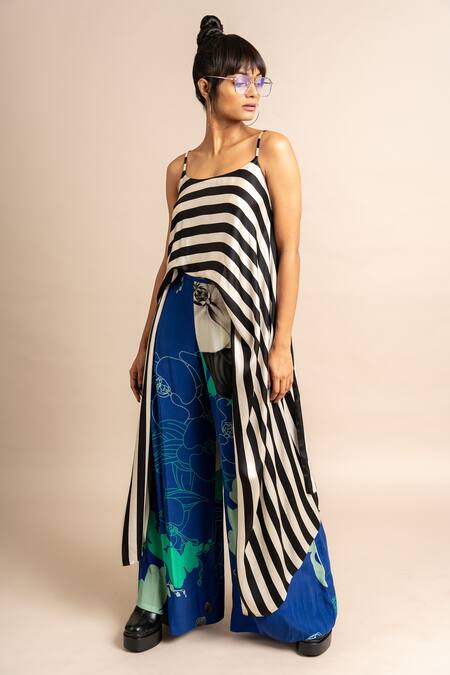Buy_Nupur Kanoi_Multi Color Satin, Crepe Scoop Neck Striped Print Singlet Top And A-line Pant Set_Online_at_Aza_Fashions