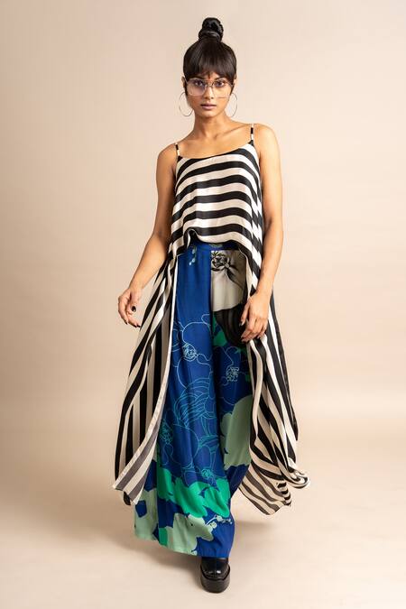 Shop_Nupur Kanoi_Multi Color Satin, Crepe Scoop Neck Striped Print Singlet Top And A-line Pant Set_Online_at_Aza_Fashions