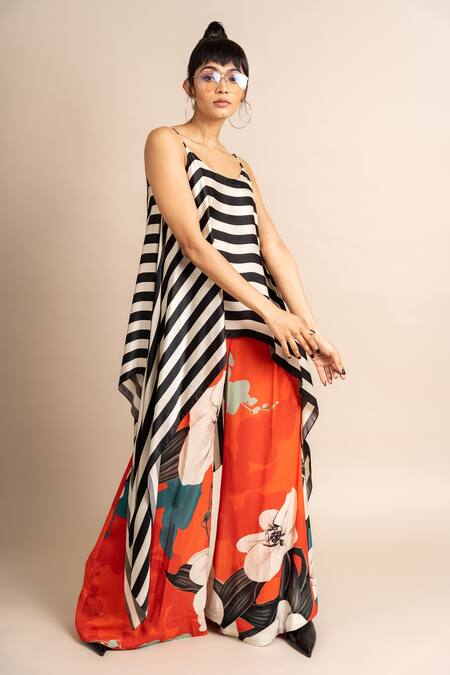 Nupur Kanoi_Multi Color Satin, Crepe Embroidery Scoop Printed Singlet Top And A-line Pant Set_Online_at_Aza_Fashions