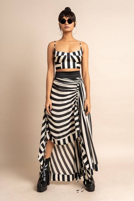 Nupur Kanoi_Black Crepe, Satin Square Neck Stripe Print Bustier And Gathered Skirt Set_Online_at_Aza_Fashions