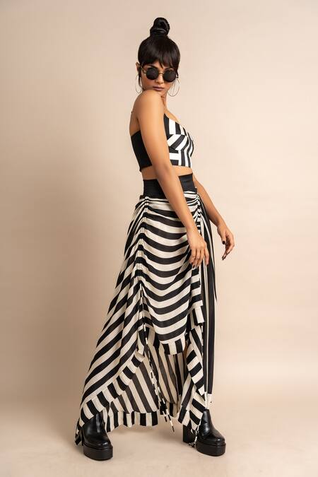 Shop_Nupur Kanoi_Black Crepe, Satin Square Neck Stripe Print Bustier And Gathered Skirt Set_Online_at_Aza_Fashions