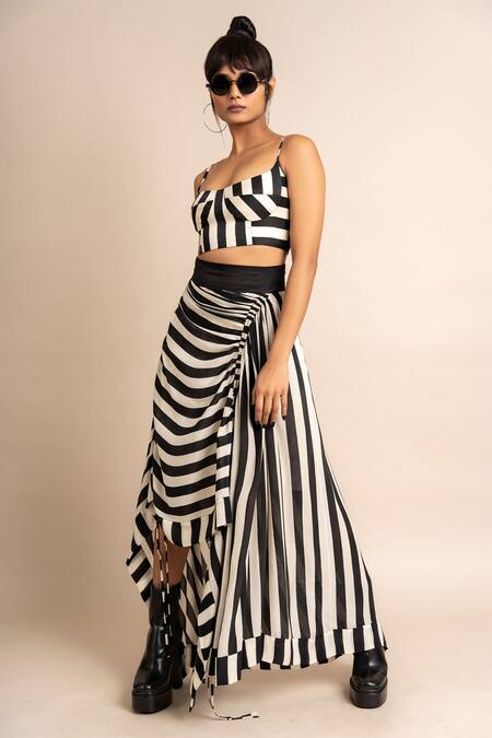 Nupur Kanoi_Black Crepe, Satin Square Neck Stripe Print Bustier And Gathered Skirt Set_at_Aza_Fashions