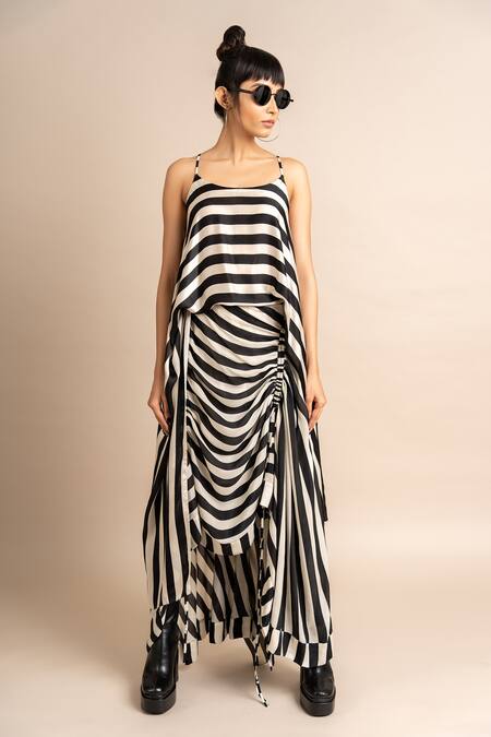 Nupur Kanoi_Black Satin Scoop Neck Stripe Print Singlet Top And Skirt Set_Online_at_Aza_Fashions