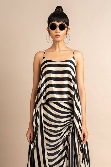Buy_Nupur Kanoi_Black Satin Scoop Neck Stripe Print Singlet Top And Skirt Set_Online_at_Aza_Fashions