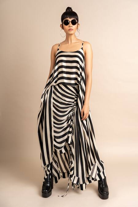 Shop_Nupur Kanoi_Black Satin Scoop Neck Stripe Print Singlet Top And Skirt Set_Online_at_Aza_Fashions