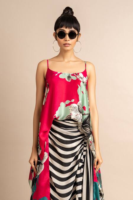 Nupur Kanoi_Magenta Satin Digital Print Striped And Floral Singlet Top & Skirt Set  _Online_at_Aza_Fashions
