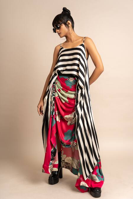 Nupur Kanoi_Magenta Satin Digital Print Striped And Floral Singlet Top & Skirt Set  _Online_at_Aza_Fashions