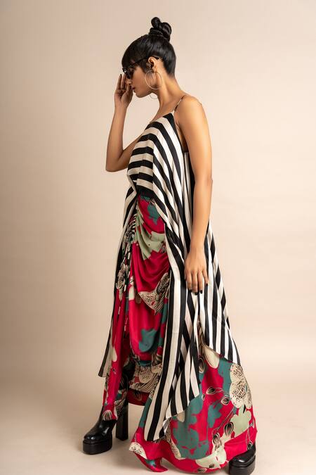 Nupur Kanoi_Magenta Satin Digital Print Striped And Floral Singlet Top & Skirt Set  _at_Aza_Fashions