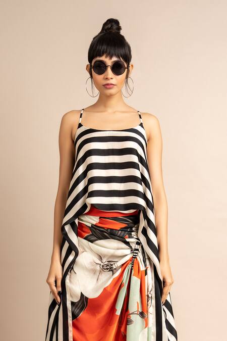 Nupur Kanoi Orange Satin Scoop Neck Striped Singlet Top And Floral Print Skirt Set Online at Aza Fashions Nupur Kanoi_Orange Satin Scoop Neck Striped Singlet Top And Floral Print Skirt Set_Online_at_Aza_Fashions