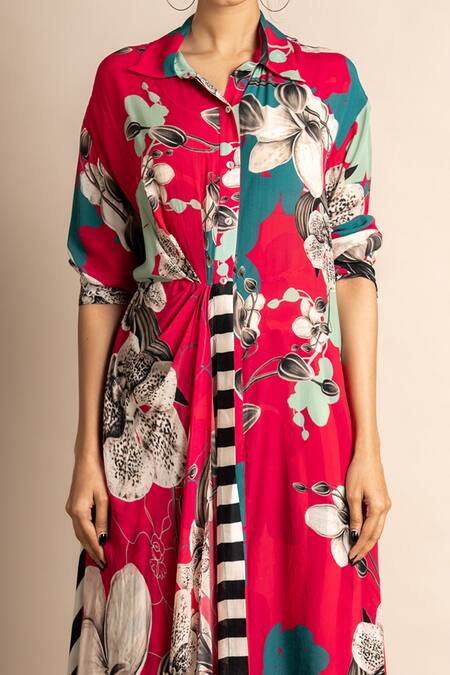 Nupur Kanoi_Magenta Crepe Digital Print Striped And Floral Long Shirt & Pyjama Set  _Online_at_Aza_Fashions