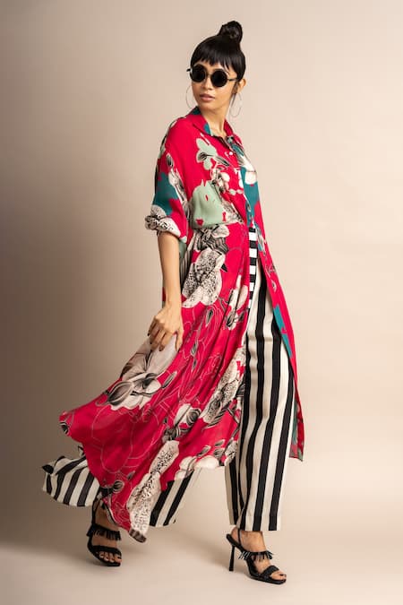 Buy_Nupur Kanoi_Magenta Crepe Digital Print Striped And Floral Long Shirt & Pyjama Set  _Online_at_Aza_Fashions