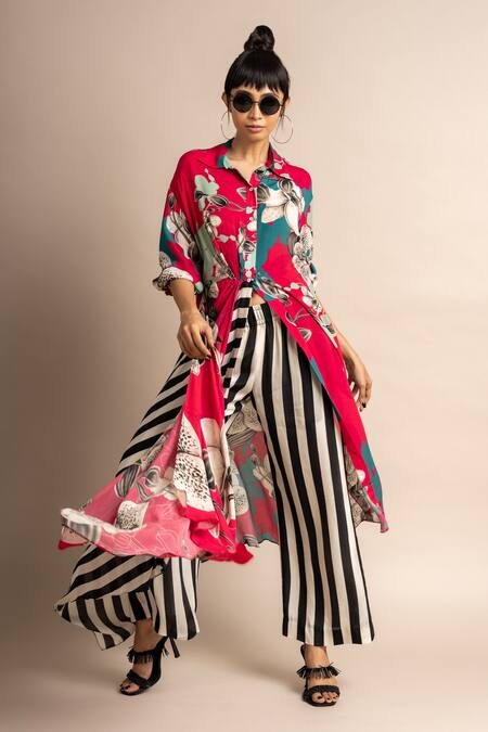 Shop_Nupur Kanoi_Magenta Crepe Digital Print Striped And Floral Long Shirt & Pyjama Set  _Online_at_Aza_Fashions