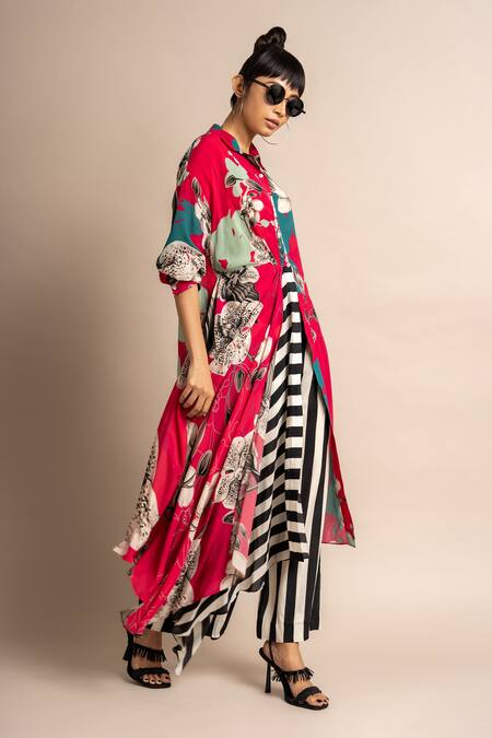 Nupur Kanoi_Magenta Crepe Digital Print Striped And Floral Long Shirt & Pyjama Set  _at_Aza_Fashions