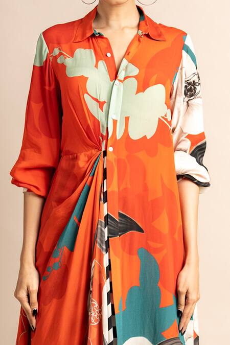 Nupur Kanoi_Orange Crepe Collared Floret Print Long Shirt And Pyjama Set_Online_at_Aza_Fashions