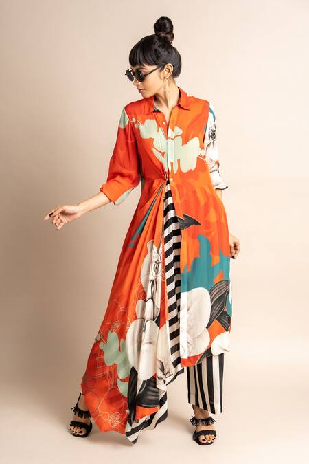 Shop_Nupur Kanoi_Orange Crepe Collared Floret Print Long Shirt And Pyjama Set_Online_at_Aza_Fashions