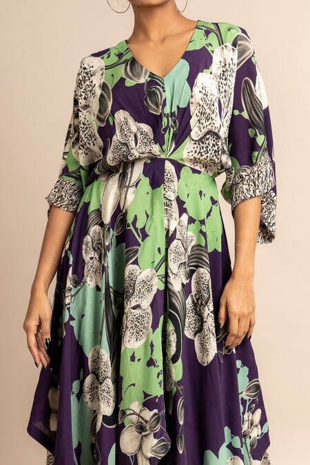 Nupur Kanoi Purple Crepe V-neck Floral Print Kaftan And Draped Pant Set Online at Aza Fashions Nupur Kanoi_Purple Crepe V-neck Floral Print Kaftan And Draped Pant Set_Online_at_Aza_Fashions