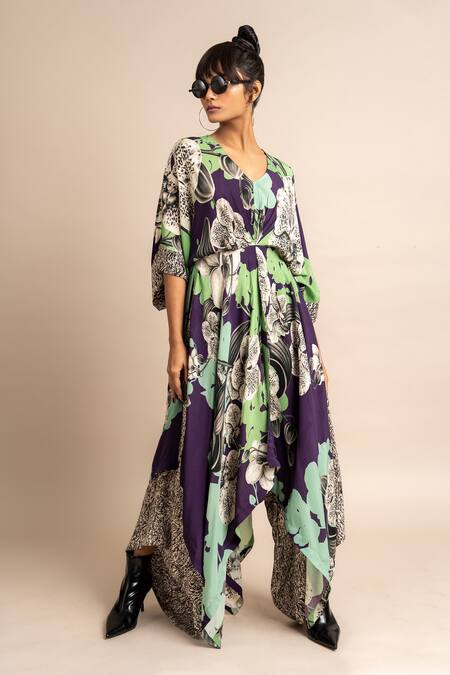 Buy_Nupur Kanoi_Purple Crepe V-neck Floral Print Kaftan And Draped Pant Set_Online_at_Aza_Fashions