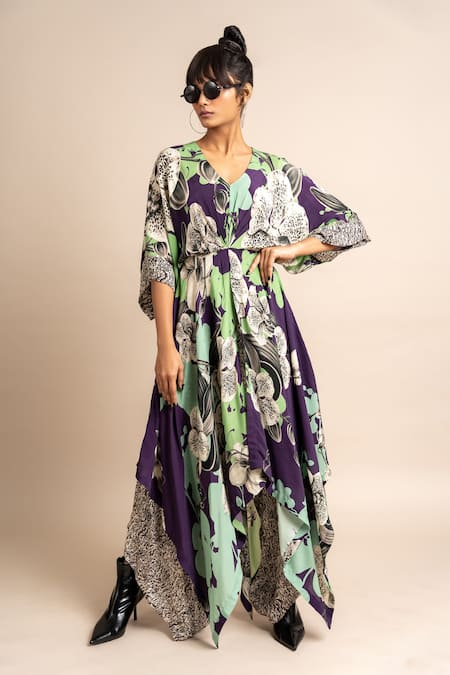 Shop_Nupur Kanoi_Purple Crepe V-neck Floral Print Kaftan And Draped Pant Set_Online_at_Aza_Fashions