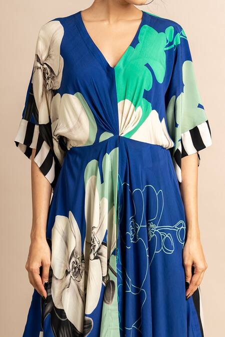 Nupur Kanoi_Blue Crepe Embroidery V-neck Floret Print Kaftan And Draped Pant Set_Online_at_Aza_Fashions