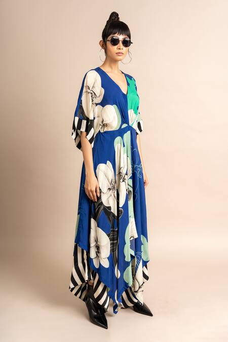 Buy_Nupur Kanoi_Blue Crepe Embroidery V-neck Floret Print Kaftan And Draped Pant Set_Online_at_Aza_Fashions