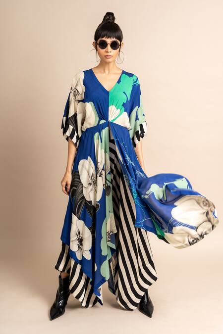 Shop_Nupur Kanoi_Blue Crepe Embroidery V-neck Floret Print Kaftan And Draped Pant Set_Online_at_Aza_Fashions