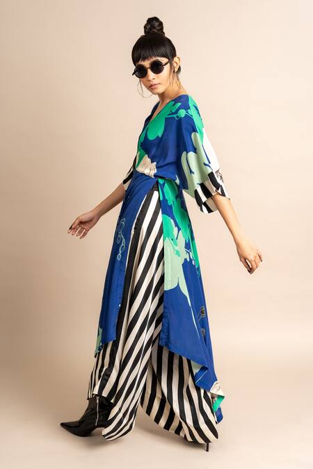 Nupur Kanoi_Blue Crepe Embroidery V-neck Floret Print Kaftan And Draped Pant Set_at_Aza_Fashions