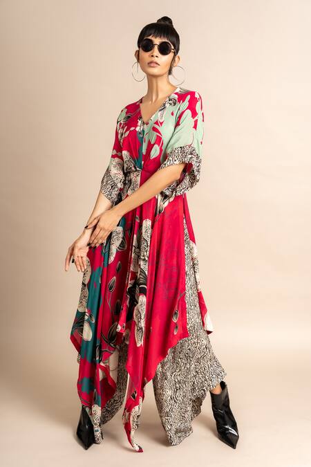Shop_Nupur Kanoi_Magenta Crepe Digital Print Animal And Kaftan & Draped Stripe Pant Set  _Online_at_Aza_Fashions