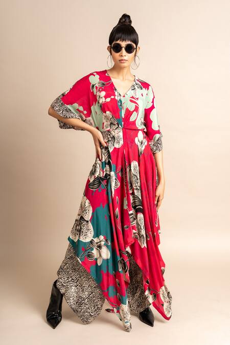 Nupur Kanoi_Magenta Crepe Digital Print Animal And Kaftan & Draped Stripe Pant Set  _at_Aza_Fashions