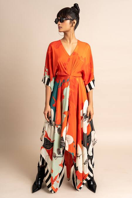 Nupur Kanoi_Orange Crepe Embroidery V-neck Flower Print Kaftan And Draped Pant Set_Online_at_Aza_Fashions