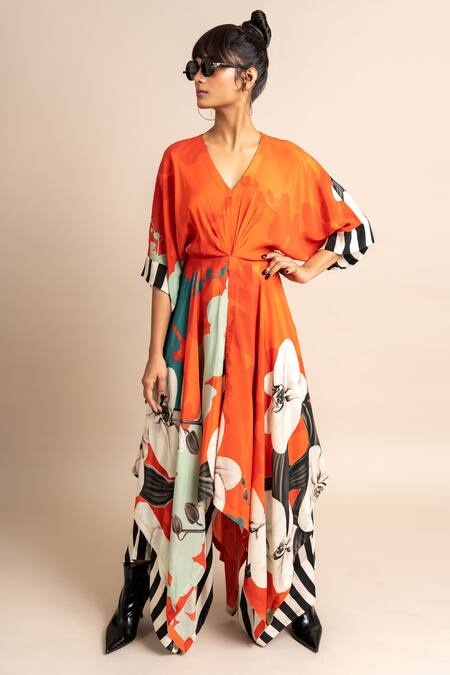 Buy_Nupur Kanoi_Orange Crepe Embroidery V-neck Flower Print Kaftan And Draped Pant Set_Online_at_Aza_Fashions