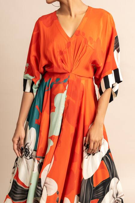 Shop_Nupur Kanoi_Orange Crepe Embroidery V-neck Flower Print Kaftan And Draped Pant Set_Online_at_Aza_Fashions