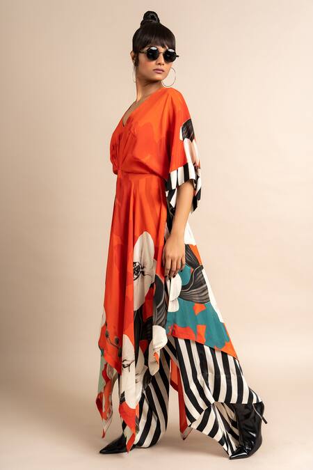 Nupur Kanoi_Orange Crepe Embroidery V-neck Flower Print Kaftan And Draped Pant Set_at_Aza_Fashions