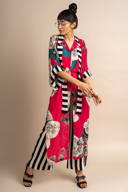 Buy_Nupur Kanoi_Magenta Crepe Digital Print Striped And Floral Notched Top & Pyjama Set  _Online_at_Aza_Fashions