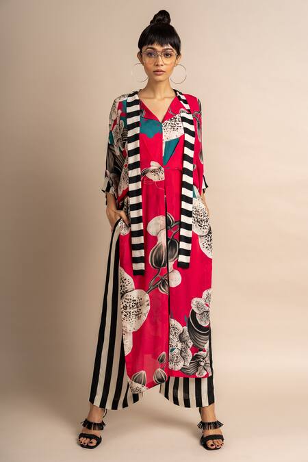 Shop_Nupur Kanoi_Magenta Crepe Digital Print Striped And Floral Notched Top & Pyjama Set  _Online_at_Aza_Fashions