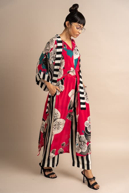 Nupur Kanoi_Magenta Crepe Digital Print Striped And Floral Notched Top & Pyjama Set  _at_Aza_Fashions