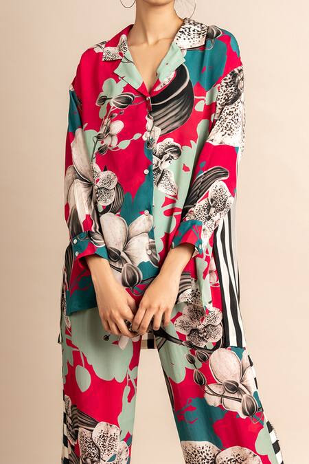 Buy_Nupur Kanoi_Magenta Crepe Collared Flower Print Shirt And Pyjama Set_Online_at_Aza_Fashions