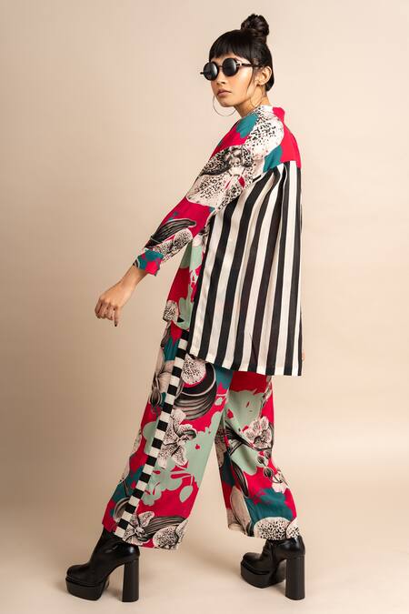 Shop_Nupur Kanoi_Magenta Crepe Collared Flower Print Shirt And Pyjama Set_Online_at_Aza_Fashions