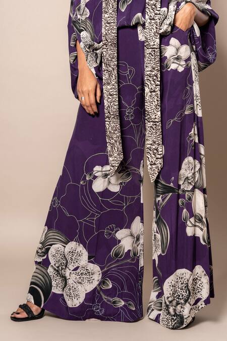 Shop_Nupur Kanoi_Purple Crepe V-neck Floral Print Balloon Top And A-line Pant Set_Online_at_Aza_Fashions